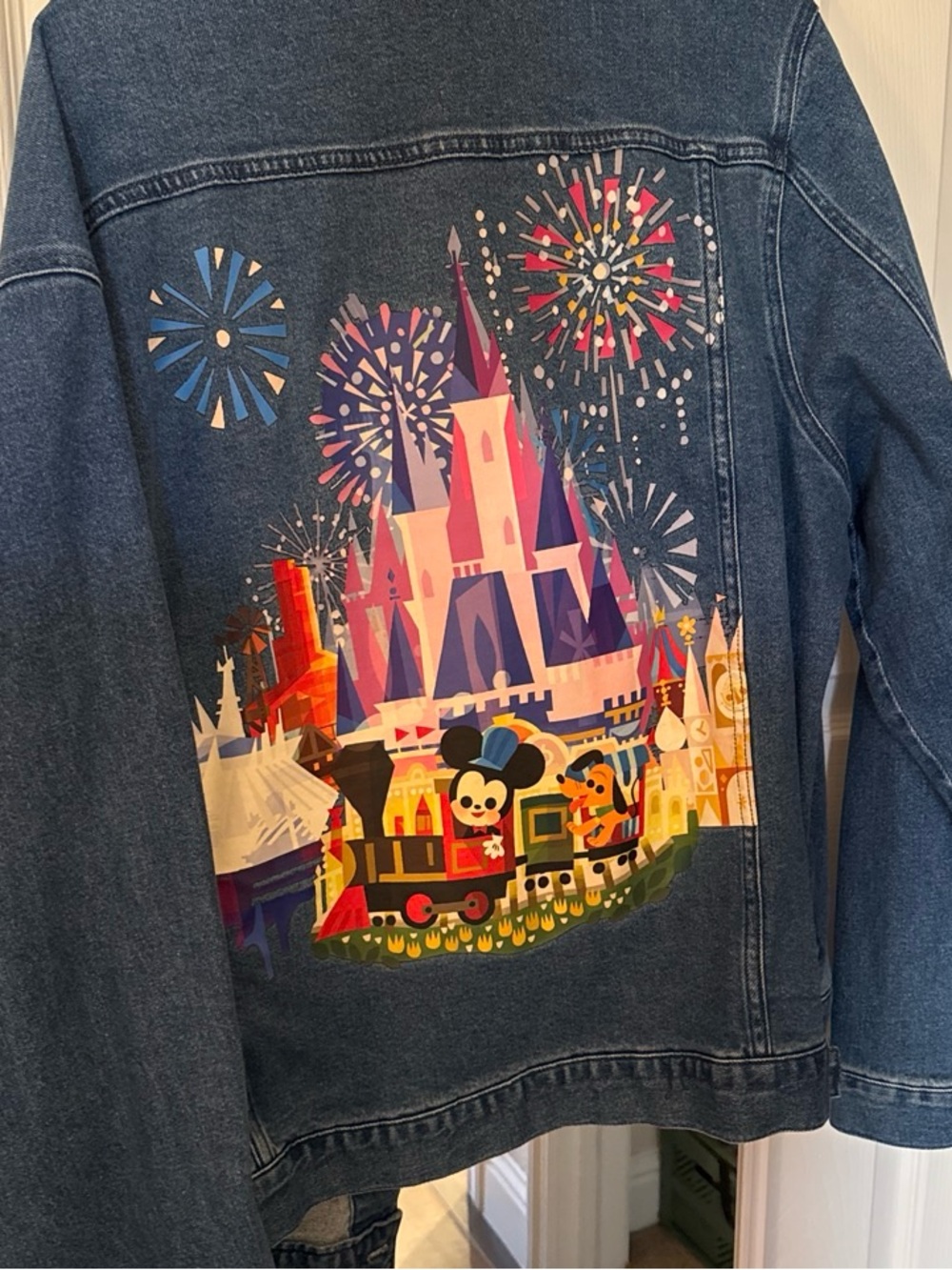 Disney Blue Denim Jacket with Colorful Castle & Fireworks Back Print